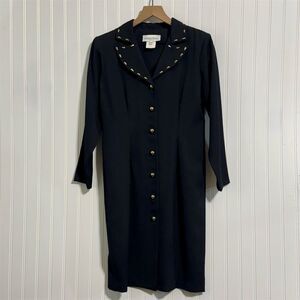 VTG 90s Lindsey Scott Black Coat Dress 10P Gold‎ Studs Collar Mob Wife Button Up